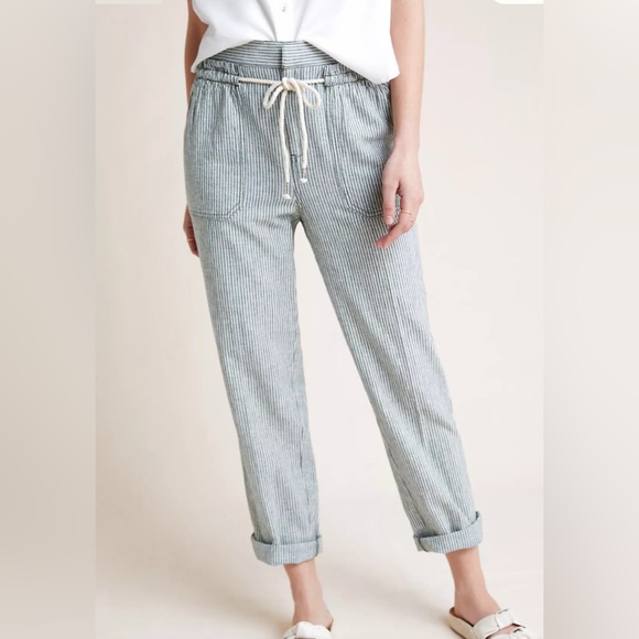 Anthropologie Linen‎ Blend Pant S Seashore Stripe RopeTie Pockets CoastalRelaxed - Picture 1 of 17